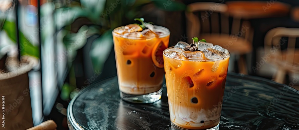 Aufkleber two refreshing iced yuzu orange coffee specials beautifully presented on a black table in a cafe set