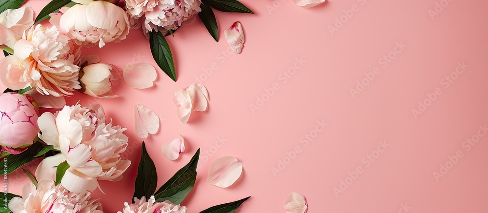 Poster Peony branches on a pastel background create a floral frame in a flat lay style with a top view and space for text or images. with copy space image. Place for adding text or design