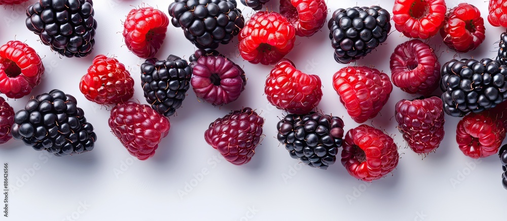 Fototapete close up of red and black raspberries on a white backdrop with copy space image