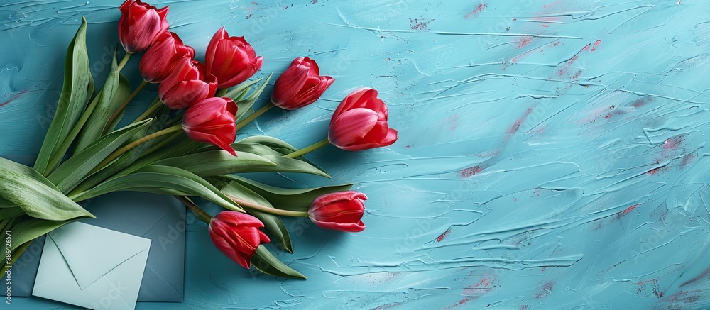 Poster mother s day greeting gift design featuring red tulip bouquet and card on a vibrant blue table setti
