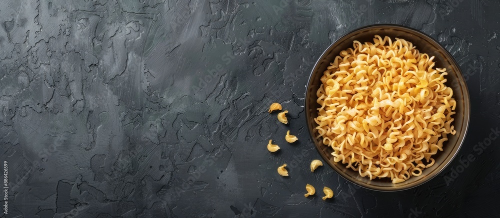 Poster bowl holding instant noodles on a dark backdrop with copy space image