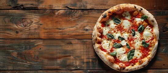 Top down view of a Margherita pizza on a rustic wooden table background offering ample copy space for additional elements in the image