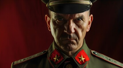 Strong dictator man facing the camera, military general, with military outfit, dictatorship or soviet union concept image 