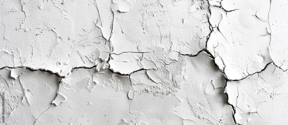 Poster close up abstract image of a cracked white rough cement or concrete wall texture background provides