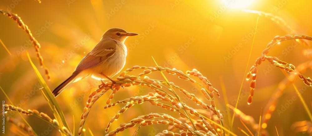 Poster a plain prinia prinia inornata rests gracefully on a rice plant in a vibrant paddy field contrasting