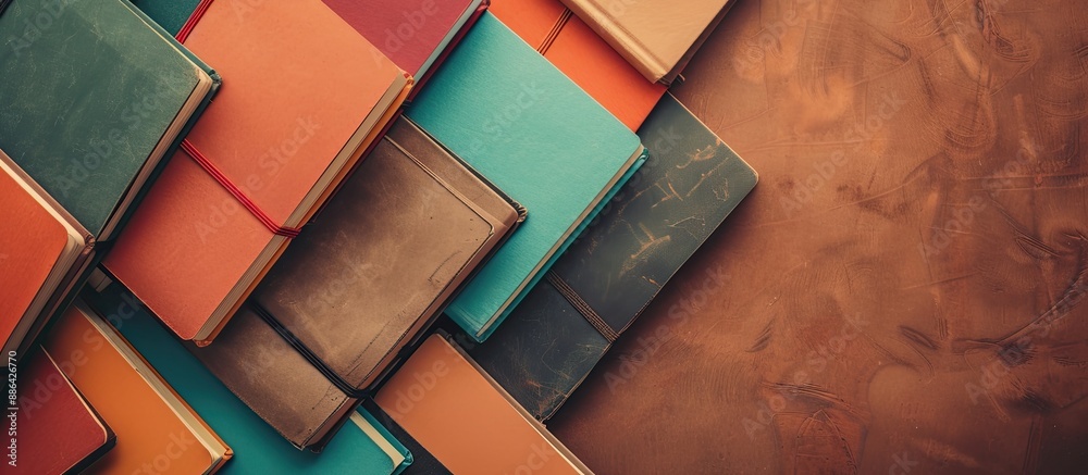 Poster Stylish notebooks arranged in a flat lay composition on a brown background with ample copy space image