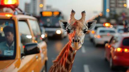 A giraffe in the midst of busy city traffic creates a whimsical and humorous scene, showcasing the juxtaposition of wildlife in an urban setting at dusk.