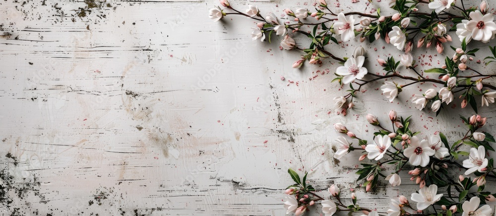 Aufkleber Sleek mockup for showcasing art with a white rustic backdrop featuring flowers and space for advertising or publicity text in the image. with copy space image. Place for adding text or design