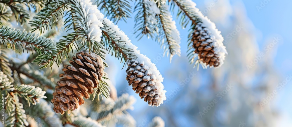 Poster close up of a green spruce tree adorned with cones covered in snow and frost against a blue sky back
