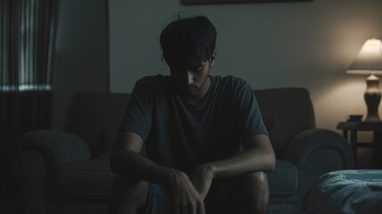 Fototapeta premium Solitude and Reflection, Young South Asian Man Sitting Alone in Dimly Lit Living Room, Introspective Mood
