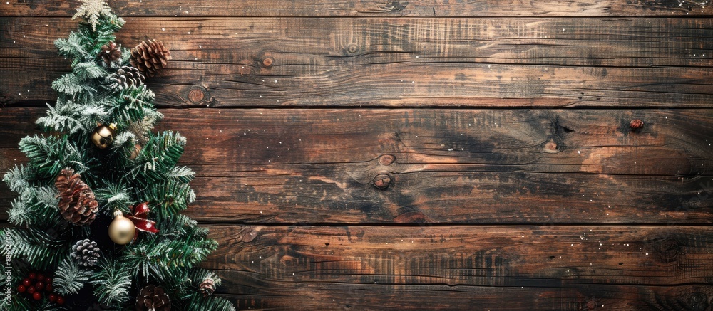 Poster copy space image of a christmas tree on a wooden board background