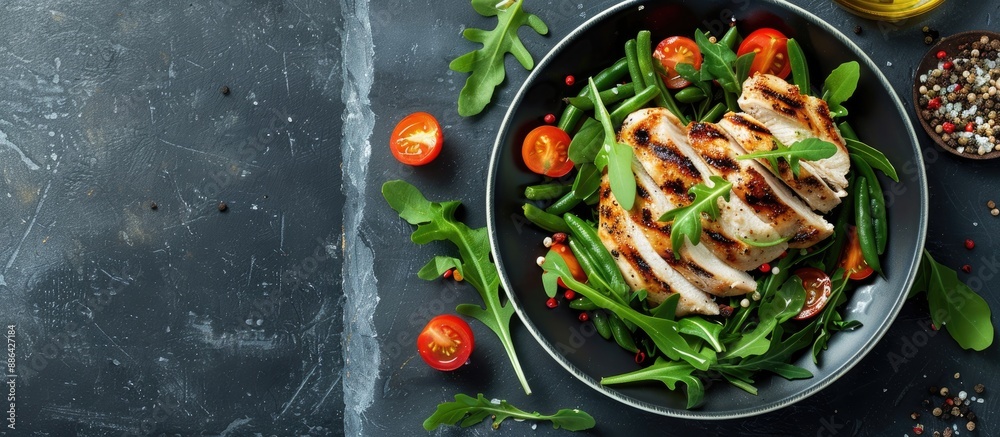 Poster healthy lunch featuring chicken green beans arugula tomatoes and vinaigrette on a stone or slate bac