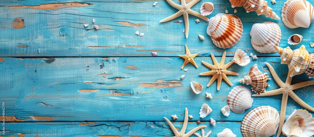 Poster blue wooden background with shells reflecting a summer and sea concept ideal for copy space image