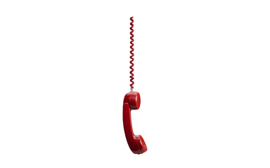 Red vintage phone receiver with a cord hanging, isolated on transparent background