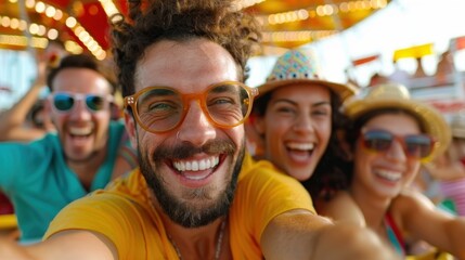 A group of friends happily enjoying a thrilling ride at a funfair, with bright smiles and vibrant outfits, capturing the excitement and joy of the moment in a festive environment.