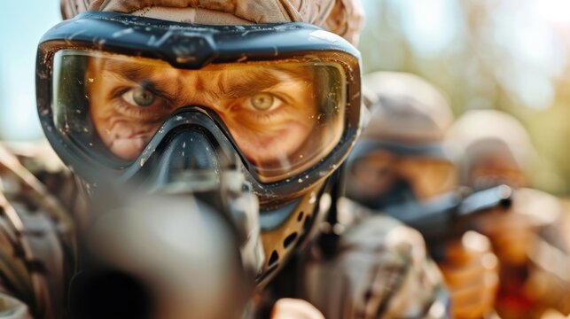 A striking photograph of army soldiers in camouflage uniforms, laser-focused and aiming their weapons during a vigorous outdoor training drill, ready for action.