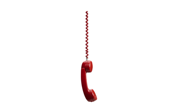 Red vintage phone receiver with a cord hanging, isolated on transparent background