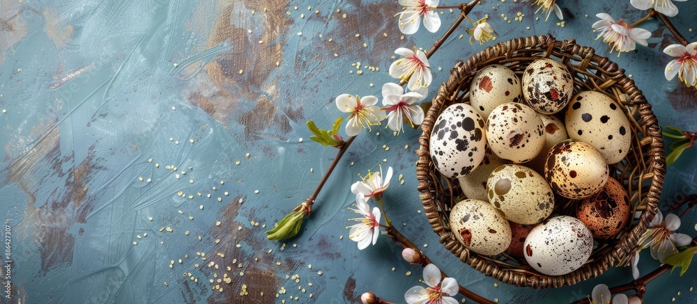 Aufkleber top view of quail eggs in natural hues and delicate blossoms in a basket on an easter themed backgro
