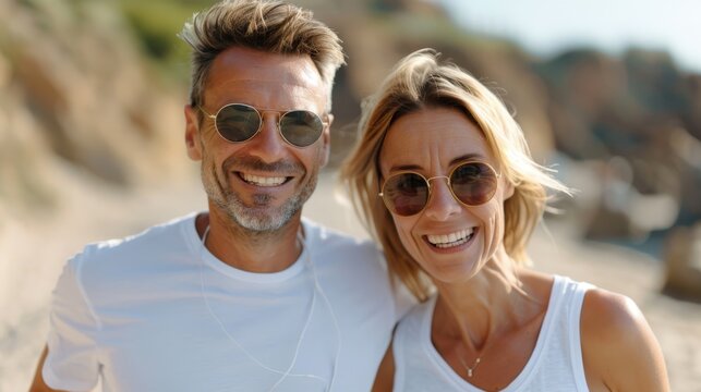 A cheerful couple wearing sunglasses enjoys a sunny day at the beach, capturing their happy moment with beaming smiles and casual outdoor attire, exuding joy and relaxation.