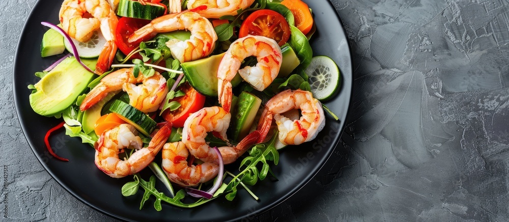 Leinwandbilder a salad with shrimp avocado and vegetables presented on a black plate against a gray backdrop provid