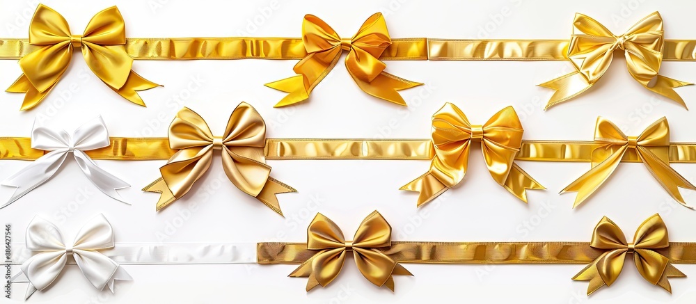 Poster a collection of elegant satin ribbons in gold with bows arranged horizontally isolated on a white ba
