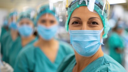 A group of medical professionals, wearing protective masks and gowns, smiles confidently while working in a well-lit hospital environment, symbolizing dedication and teamwork in healthcare.