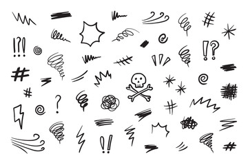 Hand drawn swearing icons in cartoon sketch stile. Simple doodle elements for concept design