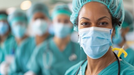 A group of healthcare professionals is seen wearing green scrubs and masks, highlighting the importance of safety and hygiene in medical environments. They stand ready and alert.