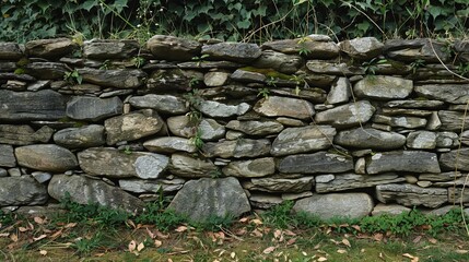A stone wall, featuring a rugged and natural texture with individual stones arranged in a solid, enduring structure