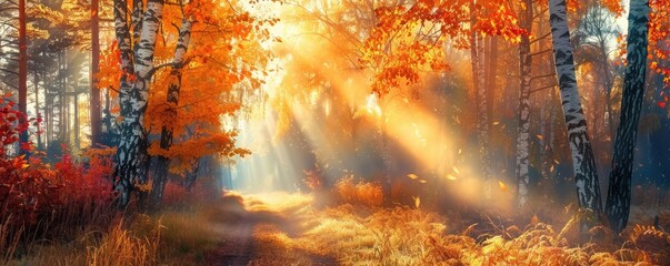 Autumn Forest Path with Sun Rays