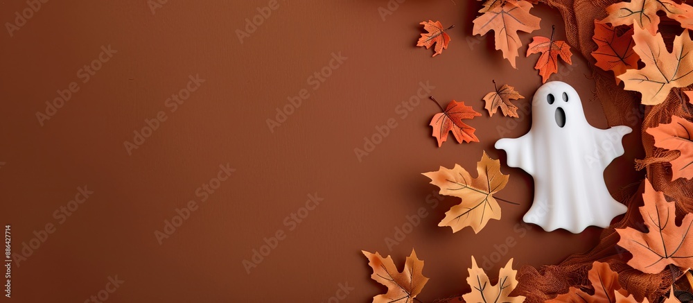 Aufkleber halloween fall border featuring fall leaves bordering a ghost on a brown backdrop with copy space im