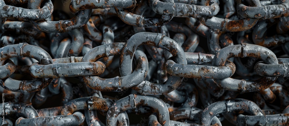 Leinwandbilder steel chain links in various lengths have a random curly appearance in the copy space image
