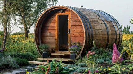 Obraz premium Circular Wooden House Shaped Like a Barrel