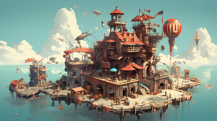 Obraz premium A whimsical floating village bustling with life and activity, featuring airships, a hot air balloon, and various shops and dwellings built on interconnected platforms above the sea.