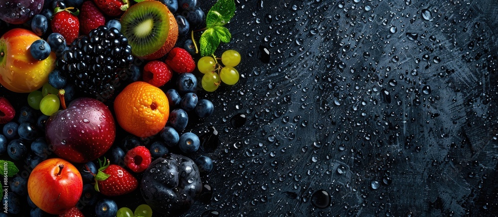 Leinwandbilder fresh fruits background featuring water drops on ripe sweet fruits and berries ideal for vegan and v