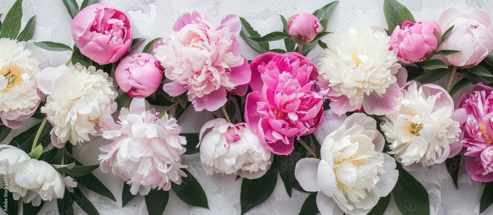 Poster gorgeous pink and white peonies arranged in a stylish flat lay for a chic and glamorous copy space i