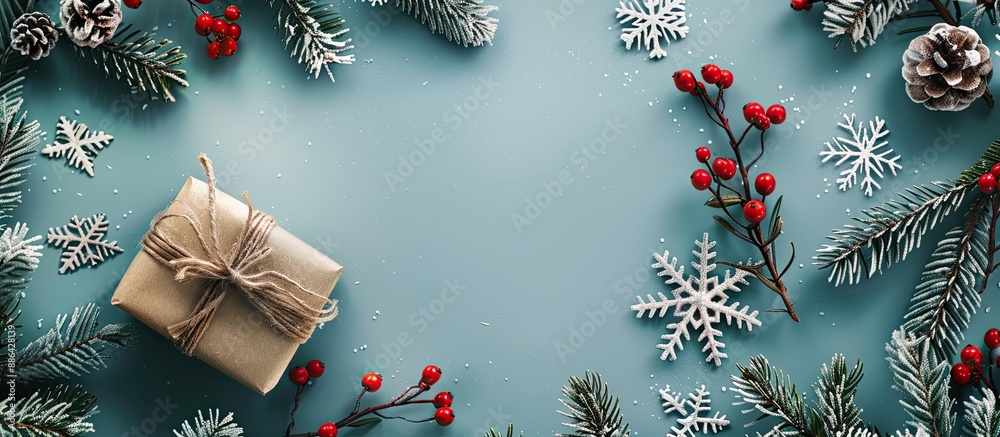 Poster Christmas themed arrangement with a gift frame snowflakes fir tree branches and red berries on a soft blue backdrop Ideal for Christmas winter and New Year s themes Flatlay with top view and copy spa
