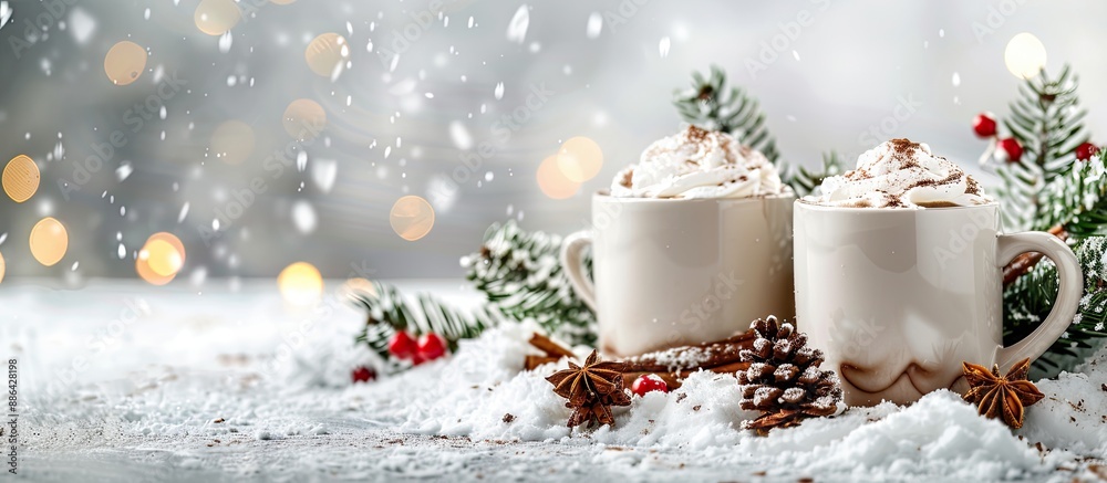 Poster background for christmas with cups of hot chocolate in a copy space image