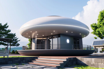 Futuristic smart home with advanced AI technology, sleek design, and eco-friendly features, pavilion in the park