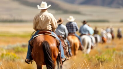 A group of cowboys riding their horses in single file through an open prairie landscape during the daytime, showcasing western adventure culture at its core.