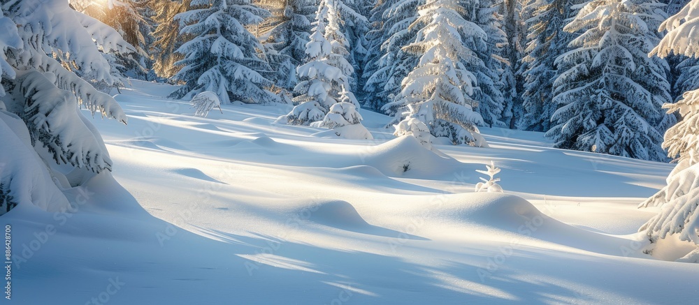Poster In the dim light snowy spruce trees with copy space image for New Year s glisten surrounded by soft white snowdrifts resembling beds