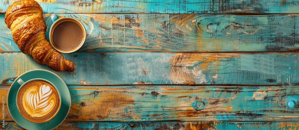 Leinwandbilder Croissant and coffee displayed on a vibrant wooden surface with empty space for adding an image. with copy space image. Place for adding text or design