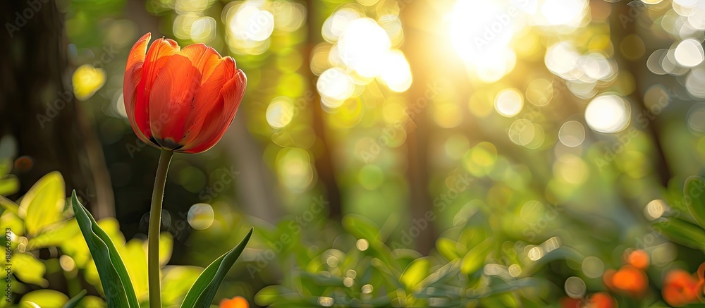 Poster A tulip set against a bright tree background perfect for adding text with a copy space image