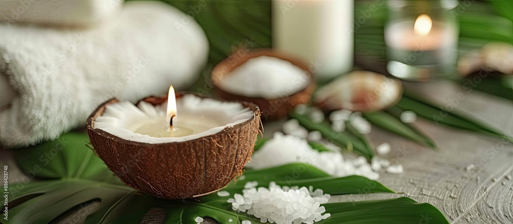 Poster A coconut candle on a green leaf provides a tranquil setting complemented by scented sea salt and a white face towel in a copy space image