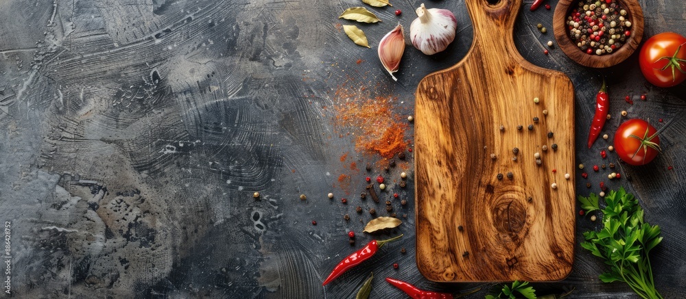 Leinwandbilder flat lay on a textured gray table featuring a wooden cutting board spices and copy space image for t