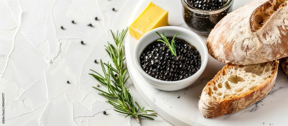 Poster A bowl of fresh pike caviar with bread rosemary and butter on a white marble table in a flat lay style with room for a copy space image