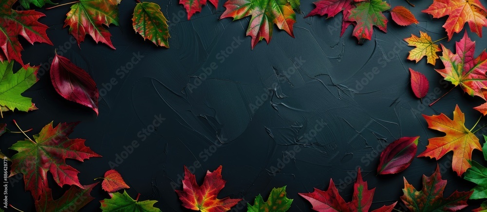Poster autumn themed top view flat lay with red green and yellow leaves forming a frame on a black backgrou