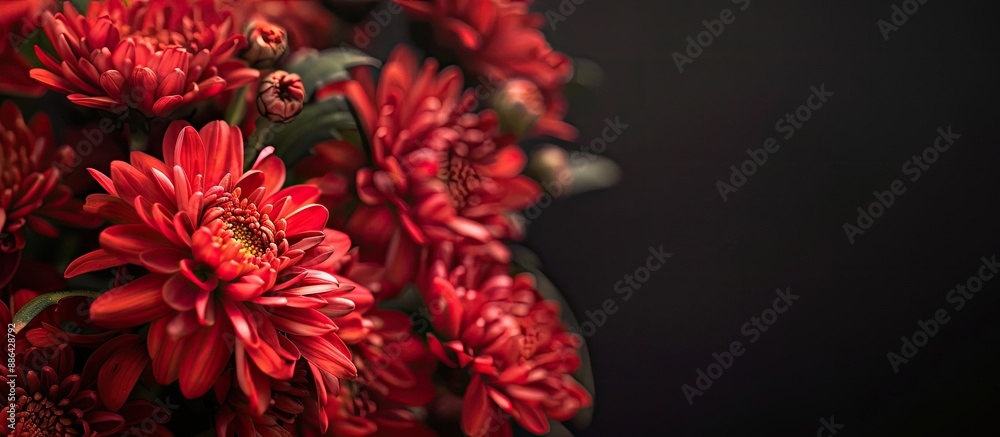 Poster Close up view of a vibrant bouquet featuring red autumn chrysanthemums displayed with ample copy space for text or images
