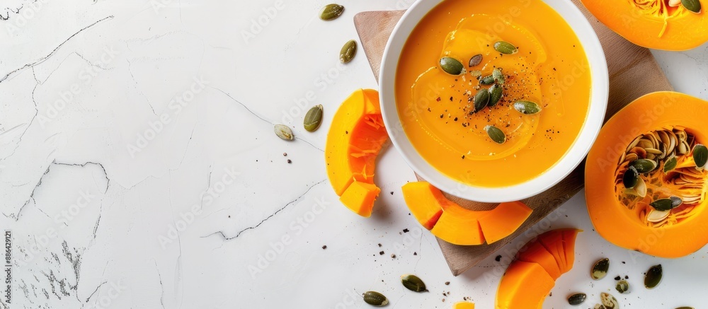 Poster creamy roasted pumpkin and carrot soup with pumpkin seeds set against a white backdrop a cutting boa