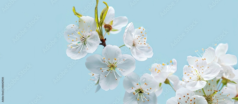 Aufkleber close up view of spring cherry blossoms against a blue backdrop with copy space image available